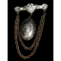 1950s Exquisite handcrafted brooch locket with dangling chains and rhine... - $61.38
