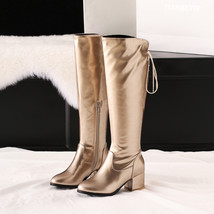 Bright Leather Champagne GolHeel Knee-Length Boots Waterproof Thick Heel Lace-Up - £75.56 GBP