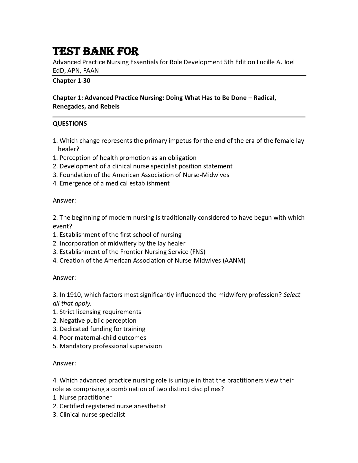 Test Bank For Advanced Practice Nursing Essentials for Role Development ... - $17.99
