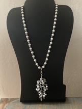 Antique Silver Leaf Pendant With Faux Pearls/Gunmetal Silver And Acrylic Accents - £23.12 GBP