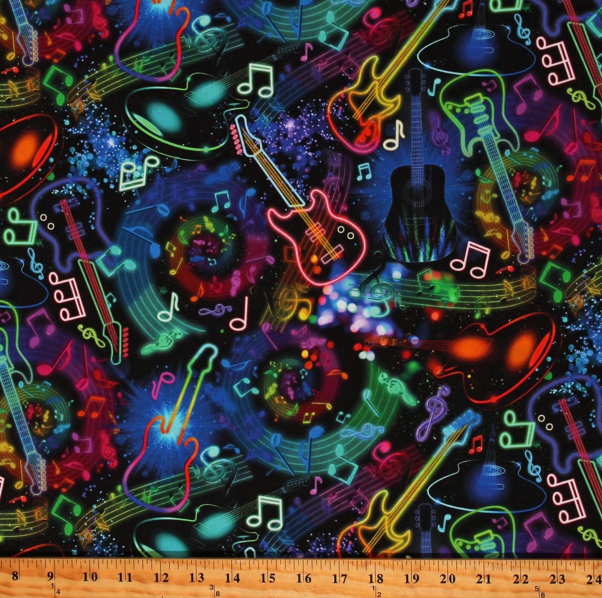 Cotton Neon Music Notes &amp; Guitars Instruments Fabric Print by the Yard D... - $14.95