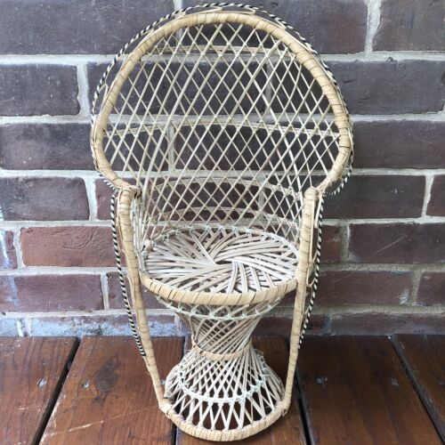 Vintage Mini Wicker Peacock Fan Back Rattan Chair Plant Stand Boho Decor... - $10.00