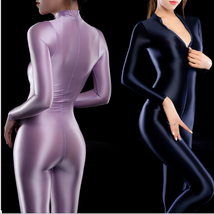 Sexy Damen Body Overall Glänzend Catsuit Zipper Jumpsuit Nylons Langarm Bodysuit - £18.14 GBP