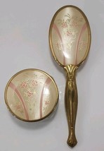 Vintage Vanity Brush And Powder Jar Brass Handle Pink Rose Floral Glass Jar - $20.00