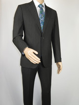 Men Suit BERLUSCONI Italian Wool 180's Pin Stripe One Button Peak UGS95-4 Black image 2
