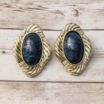 Vintage Clip On Earrings - Extra Large Dark Blue &amp; Gold Tone Statement - $15.99