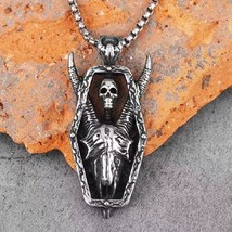 Silver Baphomet Goat Skull Coffin Pendant Necklace Men&#39;s Jewelry Chain 24&quot; Gift - £7.90 GBP