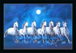 Wooden Seven Lucky Running Vastu Horses Art Framed Painting (Ocean Blue, 12 X18&quot; - £33.52 GBP