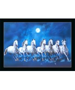 Wooden Seven Lucky Running Vastu Horses Art Framed Painting (Ocean Blue,... - £33.39 GBP