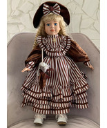 New 20&quot; Porcelain Doll Blond Hair Brown Stripe Dress Hat Umbrella With S... - $33.76 CAD