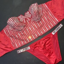 Victoria&#39;s Secret S 32C 34B Corset Top Bra Set S,M,L Panty Red Bling Shine Strap - £109.51 GBP