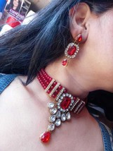 Gold Plated Indian Bollywood Style Kundan Necklace Ruby Red Bridal Jewelry Set - £15.04 GBP