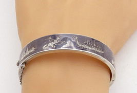 SIAM 925 Silver - Vintage Black Enamel Niello Dancer Bangle Bracelet - BT1536 - £69.72 GBP