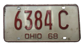 1968 Ohio Passenger License Plate 6384C Car Truck Automobile Red White - £13.35 GBP