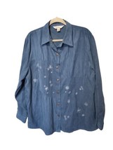 Blue Women&#39;s Button Down Stitched Flowers Soft Polyester Long Sleeve Shi... - £13.85 GBP