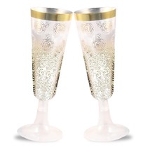 30 Disposable Plastic Champagne Flutes with Gold Rim and Floral Design, ... - £21.13 GBP
