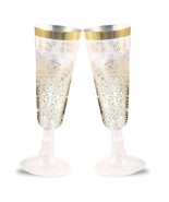 30 Disposable Plastic Champagne Flutes with Gold Rim and Floral Design, ... - £21.38 GBP