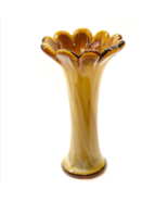 Art Glass Flower Vase Hand Blown Yellow Brown Swirl Opalescent Ruffle Vt... - $44.52