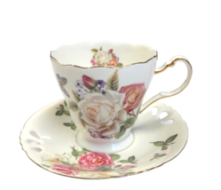 Meritage Teacup &amp; Saucer Set Floral Roses Reticulated Saucer Cup is 3x3 ... - $29.83