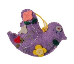 Vintage Handmade Purple Embroidered Applique Felt Bird w/ Flowers Ornament - £10.34 GBP