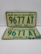 Vintage License Plate 1974 9677 At Ohio Car Auto Matched Set Of 2 White Green - £23.66 GBP