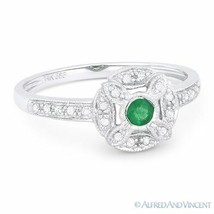 0.23ct Round Cut Emerald &amp; Diamond Pave Right-Hand Flower Ring in 14k White Gold - £379.68 GBP