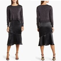 Sam Edelman Satin Slipdress Metallic Sparkle Boat Neck Sweater, Black, 1... - $119.00
