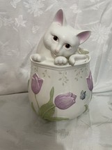 Lenox Butterfly Meadow Cookie Jar White Tulip Flowers Kitty Cat Collectable - $46.48