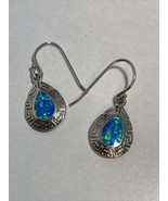 Blue Fire Opal Greek Design Tear Drop 925 Sterling Earrings By Omega 88 - $51.49 CAD