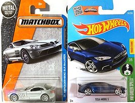 Mercedes-Benz SLR McLaren Silver Matchbox #29 &amp; Tesla Model S Set Hot Wheels Blu - £32.22 GBP