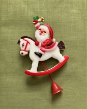 Vintage 70s Christmas Holiday Plastic Santa Claus Rocking Horse Pull String Pin - £7.19 GBP