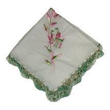 VTG Asiatic Lily Hot Pink Neon Green Floral Embroidered Lace Trim Handkerchief - £12.13 GBP