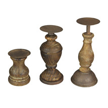 Set of 3 Antiqued Turned Wood and Metal Pedestal Candle Holders - £30.40 GBP
