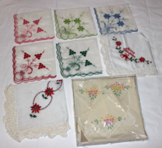 10 Vintage Handkerchiefs Embroidered Pinned In Original Box + Christmas &amp; Floral - £14.15 GBP