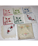 10 VINTAGE HANDKERCHIEFS EMBROIDERED PINNED IN ORIGINAL BOX + CHRISTMAS ... - £14.20 GBP