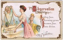 Postcard Embossed Valentine Observation Lady In Mirror - £3.10 GBP