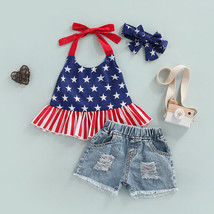 NWT Patriotic 4th of July Girls Crop Top Denim Shorts Outfit Set 2T 3T 4T 5T - £10.17 GBP