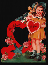 Vintage Valentines Day Card Girl With Bonnet and Bluebirds - £9.80 GBP