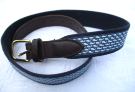 Vineyard Vines Blue Micro Whale Print Canvas Belt Men&#39;s 28 Leather Brass Buckle - £22.41 GBP