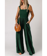 Green Smocked Sleeveless Wide Leg Jumpsuit with Pockets - $389.92 MXN