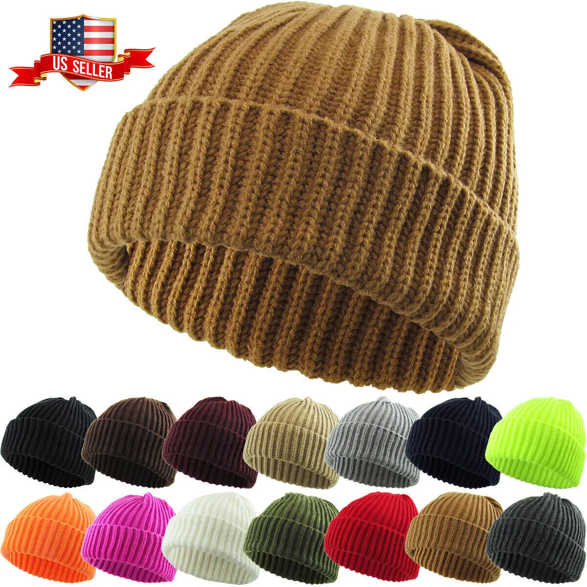 Ribbed Beanie Knit Ski Cap Skull Hat Warm Solid Color Winter Cuff Blank - £15.98 GBP