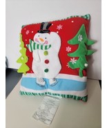 Vintage Christmas Pillow 13&quot; x 13&quot; Skating Snowman on Pond Trees Holiday... - £22.02 GBP