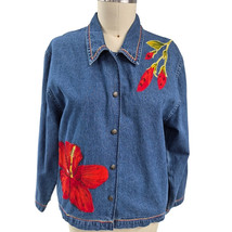Vtg Y2K Tantrums Blue Denim Shirt-jacket Pockets Red Hibiscus Applique  L - $39.20