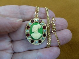 CA30-140) RARE African American LADY green + ivory CAMEO brass pendant necklace - £23.07 GBP