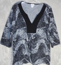 Jaclyn Smith Womens 1X Black Floral Top 3/4 Sleeve Gray Black Stretch Knit Tunic - £8.11 GBP