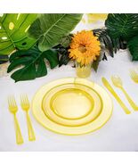 25 Guest Yellow Clear Plastic Dinnerware Set – Plates, Cups &amp; Cutlery 10... - $24.95