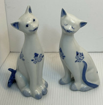 Vintage Blue, White Floral Cat Figurines. Set of 2 ANDREA BY SADEK 6" Tall - $18.69