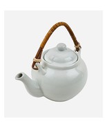 Pier 1 One Imports White Ceramic Lidded Teapot Bamboo Handle 24 Oz Capacity - $15.84