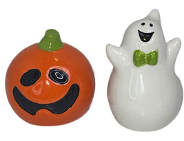 Halloween Ghost &amp; Jack o Lanterns Pumpkin Salt &amp; Pepper Shakers Whimsical Orange - £8.51 GBP