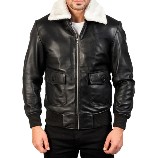 BLACK &amp; WHITE LEATHER BOMBER JACKET - $220.00